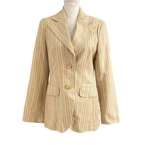ESCADA LINEN BLEND BEIGE BLACK YELLOW STRIPED PEAK LAPEL MID-LENGTH BLAZER - 4